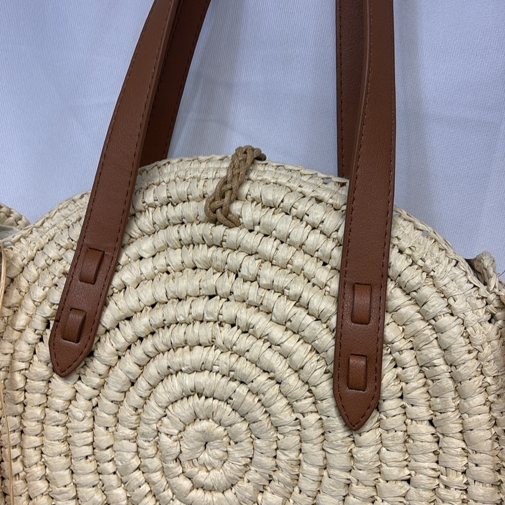 INC Melania Straw Fringe Circle Tote bag boho purse - Picture 7 of 13